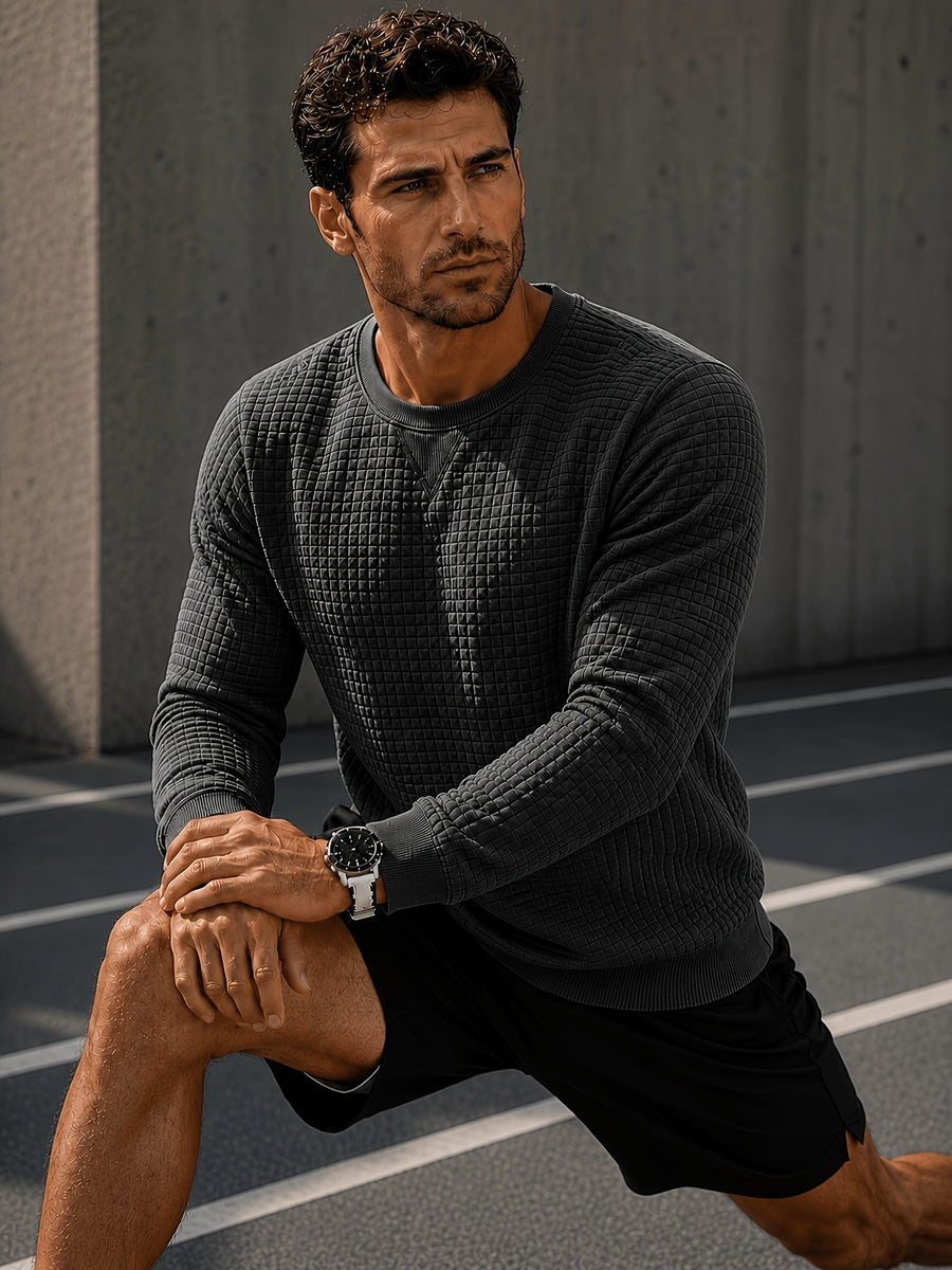 Men'S Textured Waffle Knit Sweatshirt Long Sleeve Crew Neck Pullover Lightweight Breathable Athletic Casual Top Soft Stretch Thermal Shirt Fit Sports Training Running Gym Workout Golf Outdoor Travel Everyday Wear Fashion Streetwear Basic Sweater - Dark Gray
