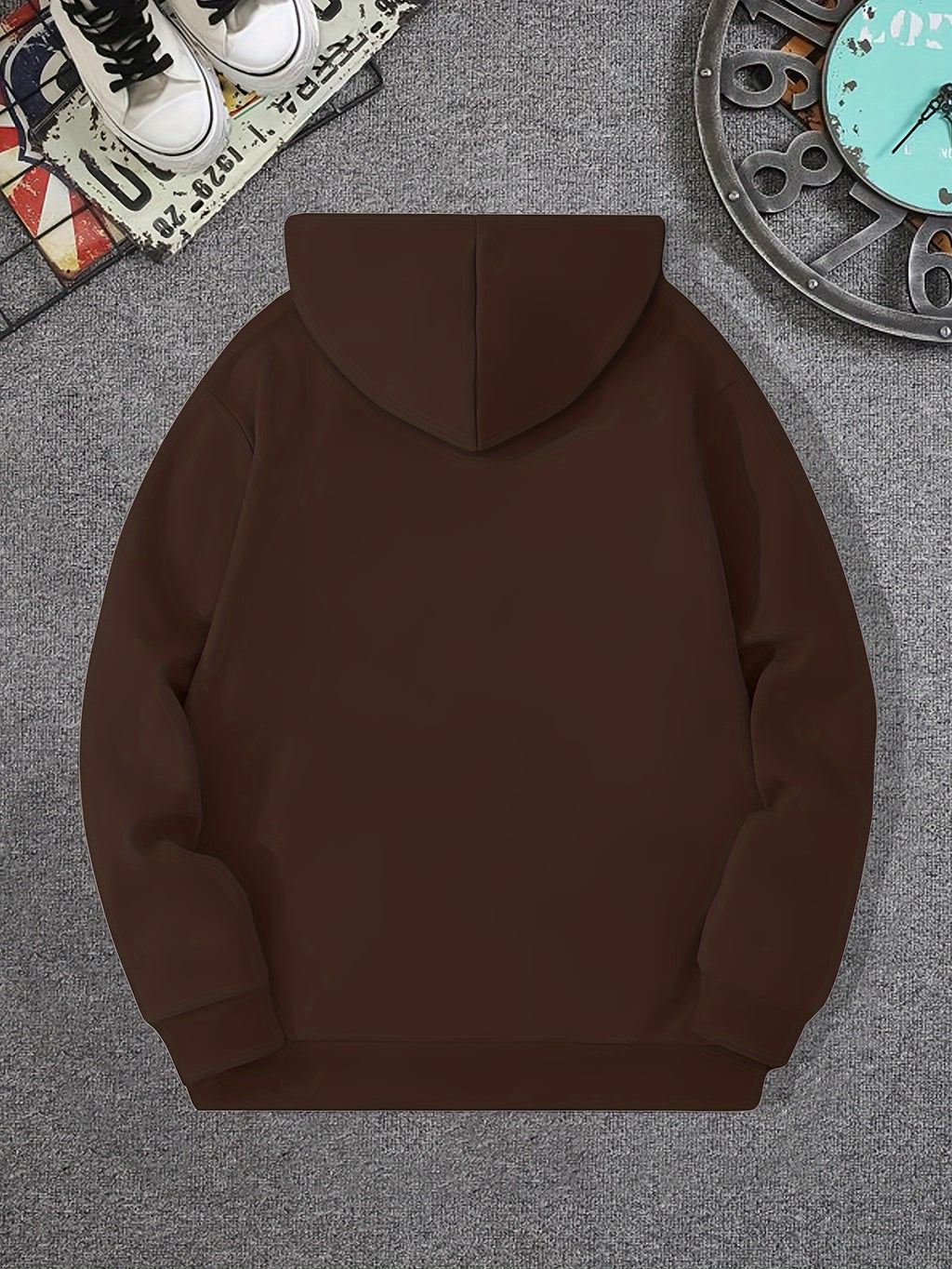 Minimalist Style Boston Letter Print Men'S Hooded Sweatshirt Regular Fit, Casual Long Sleeve Pullover - Coffee Color