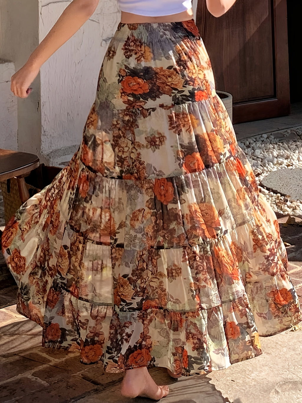 Women'S Casual A-Line Skirt, Cute Floral Print, Easy Design, Suitable for Daily Wear, Ruffled Trim - Khaki