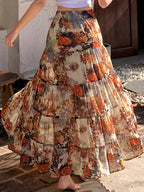 Women'S Casual A-Line Skirt, Cute Floral Print, Easy Design, Suitable for Daily Wear, Ruffled Trim - Khaki