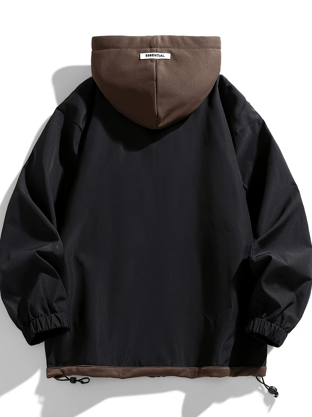 Autumn Winter Men'S New Faux Two-Piece Jacket with Hooded Trench Coat Cargo Jacket Couple Style Coat Casual Color-Block Design, Zipper with Drawstring And Pockets, All-Match Fashion - Black