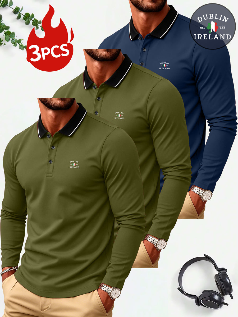 3pcs Men's Long-Sleeve Polo Shirt Set, Golf Business Casual Sport Lapel Top, Multiple Colors Available, Spring/Autumn Base Layer, Solid Color Simple Style, Breathable, Wrinkle-Resistant, and Easy-Care Top - Army Green-Army Green-Navy Blue