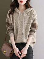 Autumn And Winter Hooded Sweater Women'S Loose Thickened Sweater Plaid Jacquard Regular Sleeve Pullover Warm Design - Apricot