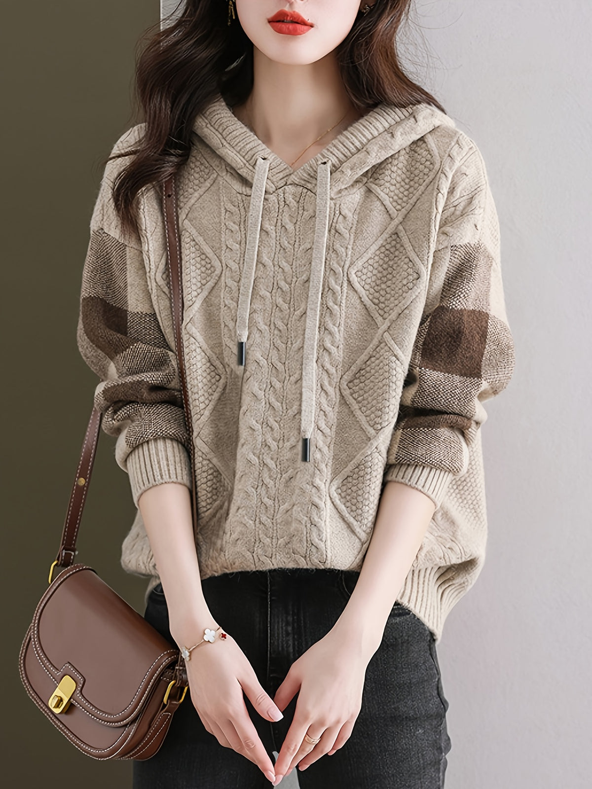 Autumn And Winter Hooded Sweater Women'S Loose Thickened Sweater Plaid Jacquard Regular Sleeve Pullover Warm Design - Apricot