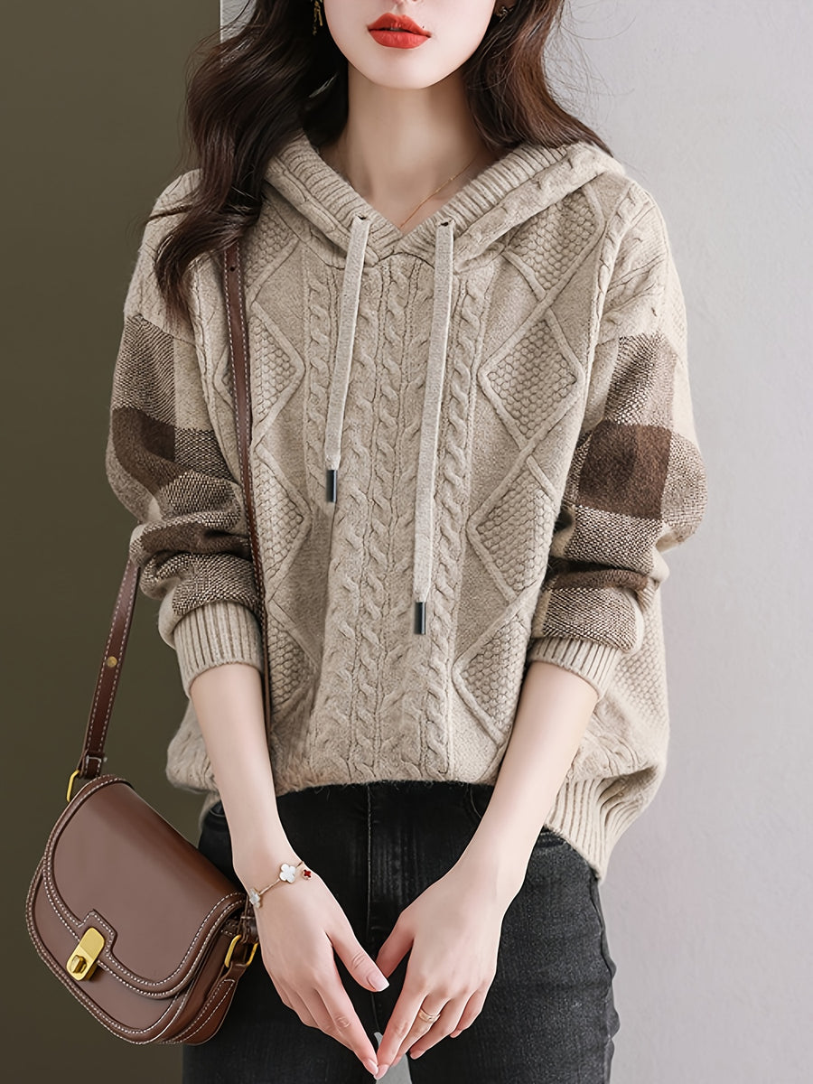 Autumn And Winter Hooded Sweater Women'S Loose Thickened Sweater Plaid Jacquard Regular Sleeve Pullover Warm Design - Apricot