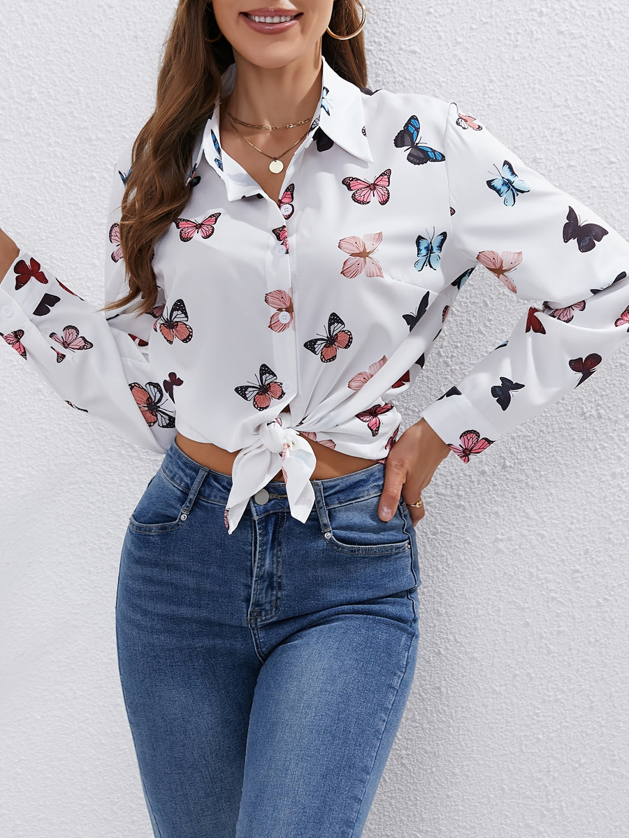 New Elegant and Fashionable Butterfly Print Shirt - White