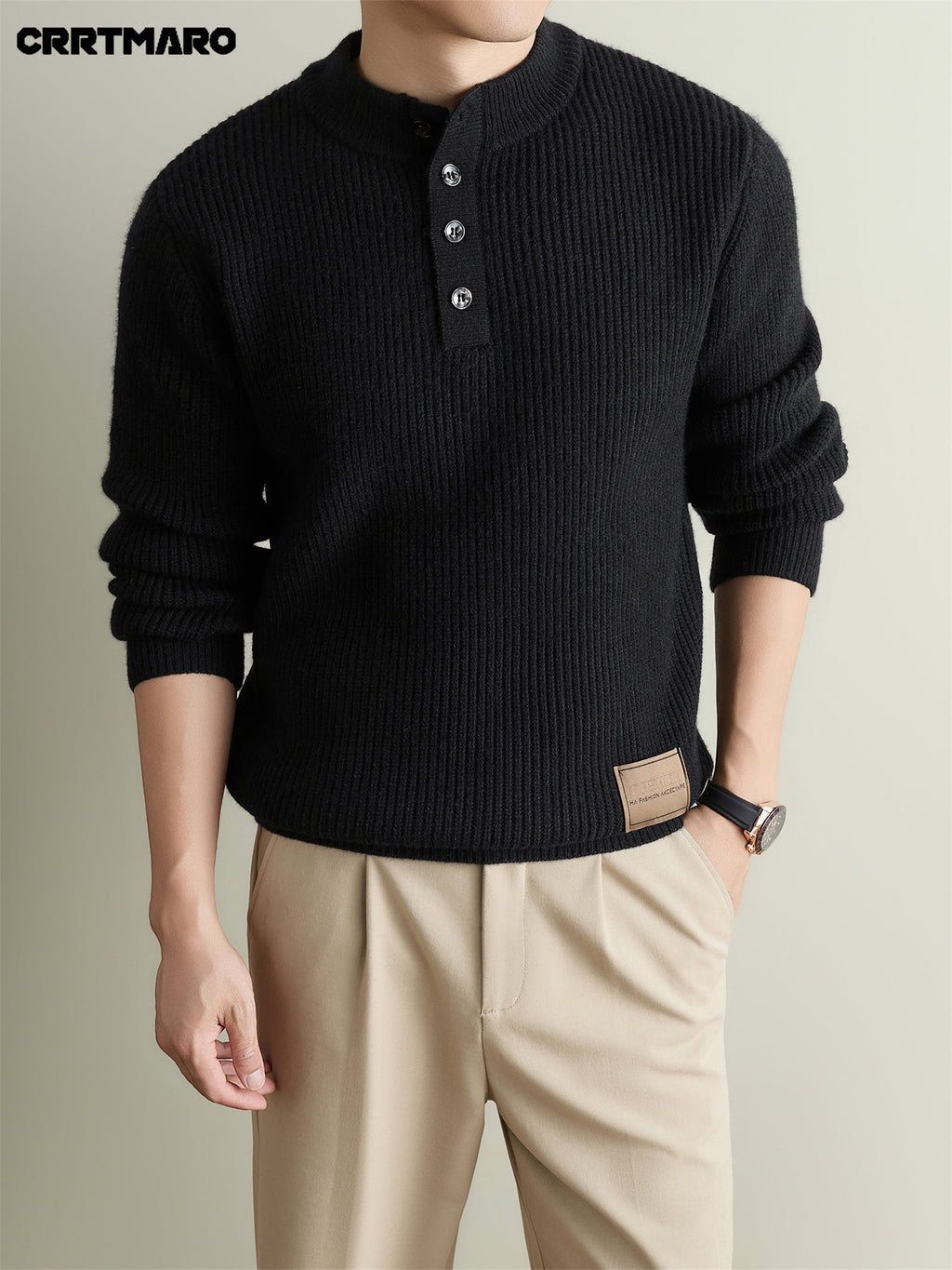 Men'S Heavyweight Thick Mock Neck Henley Pullover Sweater, Warm Casual Layering Top for Fall And Winter - Black