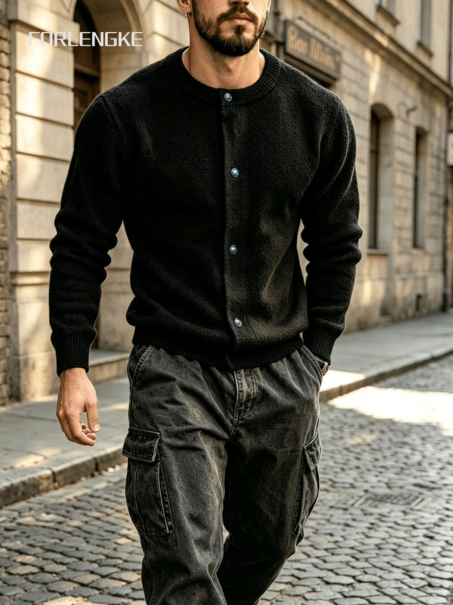 FORLENGKE Autumn Winter Men'S Retro Round Neck Knit Cardigan Heavyweight Hollow Texture Blue Button Loose Sweater Trendy Street Casual All-Match Long Sleeve Top Jacket - Black