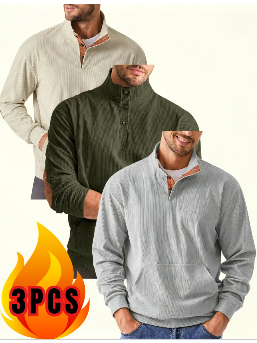 Men's 3pcs Set Corduroy Half-Button Stand Collar Long Sleeve Fashion Sweatshirt, Contrast Color Buttons Half-Open Placket, Double Elbow Applique Patches, Front Kangaroo Pocket, Ribbed Cuffs and Hem Vintage Casual Sweatshirt - xing+lv+hui