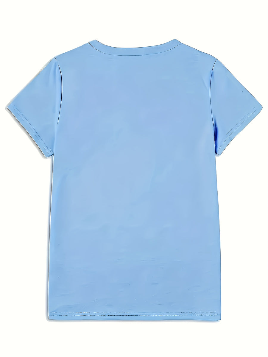 Black Bow Pearl Graphic Print Short-Sleeve T-Shirt, Comfortable Casual Top, Multiple Sizes Available, Perfect for Daily Wear And Weekend Outdoor - Deep Sky Blue
