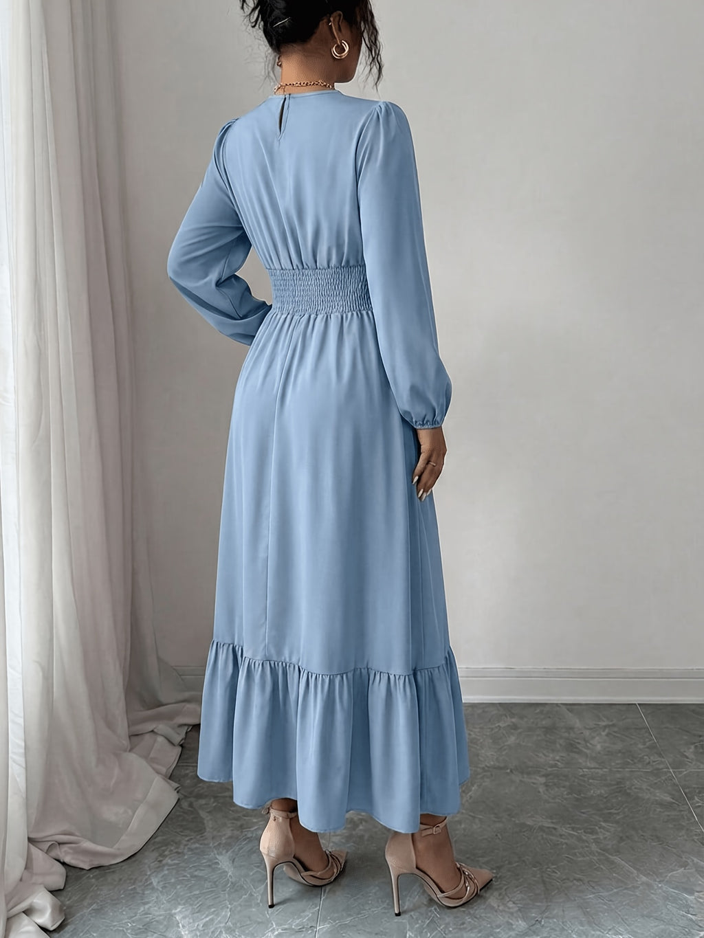 Women's Round Neck Ruffle Bubble Long Sleeve Stretch Elastic Waist Flowy Dress, Solid Color Layered Long Skirt with Tiered Ruffle Hem for a Flowing Drape. Suitable for Daily Outings, Beach Trips, Weekend Getaways, and Casual Dates - Sky Blue