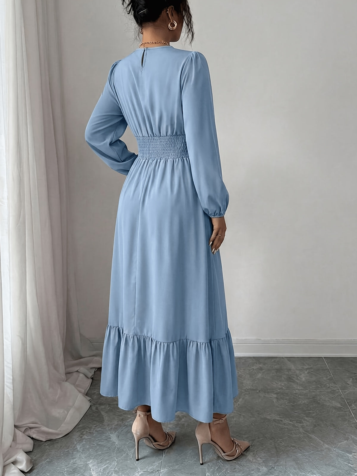 Women's Round Neck Ruffle Bubble Long Sleeve Stretch Elastic Waist Flowy Dress, Solid Color Layered Long Skirt with Tiered Ruffle Hem for a Flowing Drape. Suitable for Daily Outings, Beach Trips, Weekend Getaways, and Casual Dates - Sky Blue