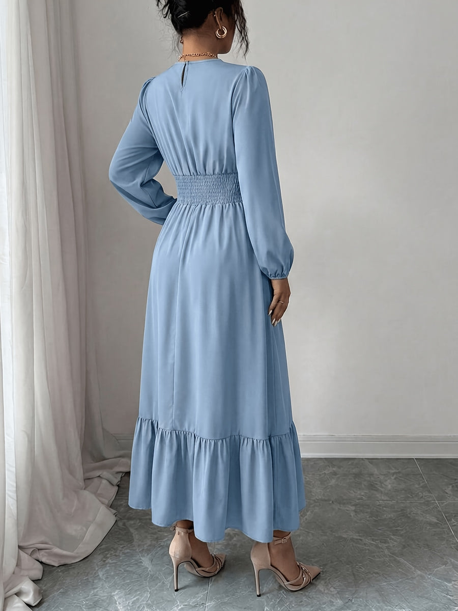 Women's Round Neck Ruffle Bubble Long Sleeve Stretch Elastic Waist Flowy Dress, Solid Color Layered Long Skirt with Tiered Ruffle Hem for a Flowing Drape. Suitable for Daily Outings, Beach Trips, Weekend Getaways, and Casual Dates - Sky Blue