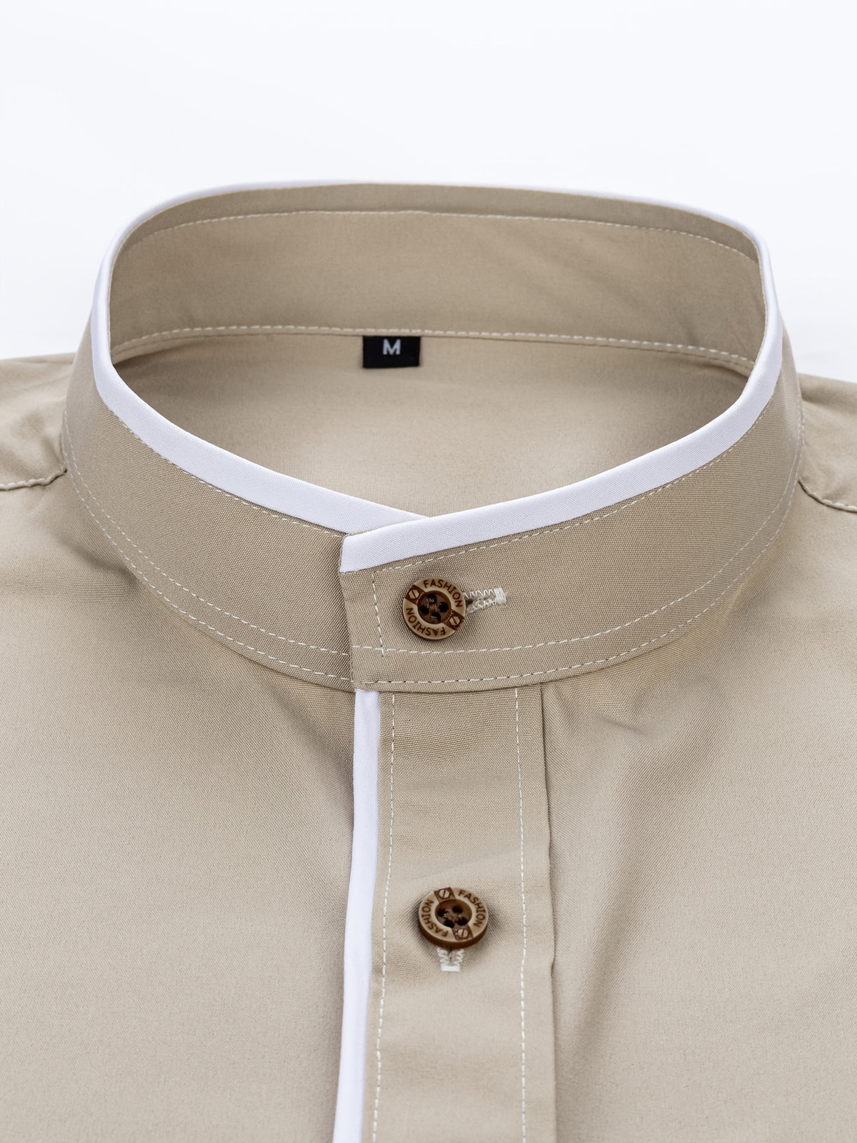 Men'S Short-Sleeved Shirt, Henley Collar/Stand-Up Collar Design, Placket Splicing Contrast Color Design - Khaki