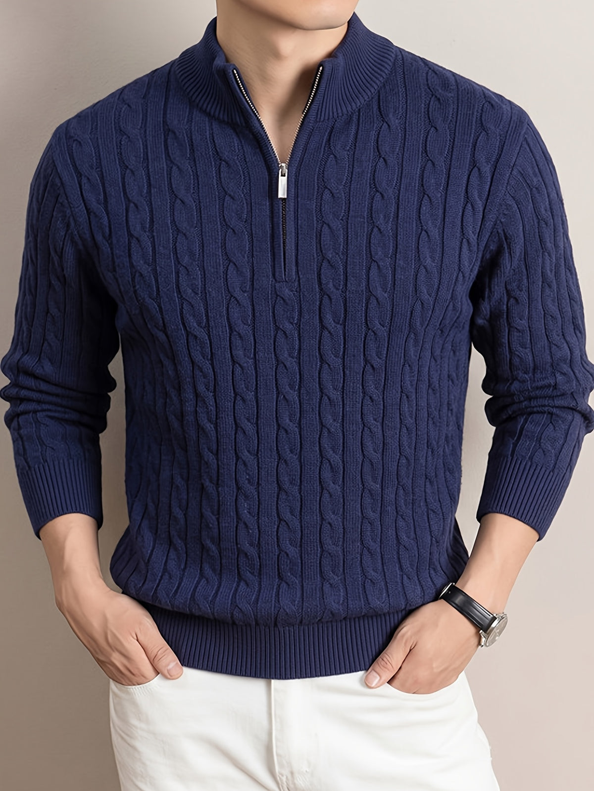 Men'S Half-Zip Jacquard Knit Sweater, Retro Luxury, Breaking The Monotony of Middle-Aged Sweaters, Suitable for Business Casual - SINBOS - Shangqing