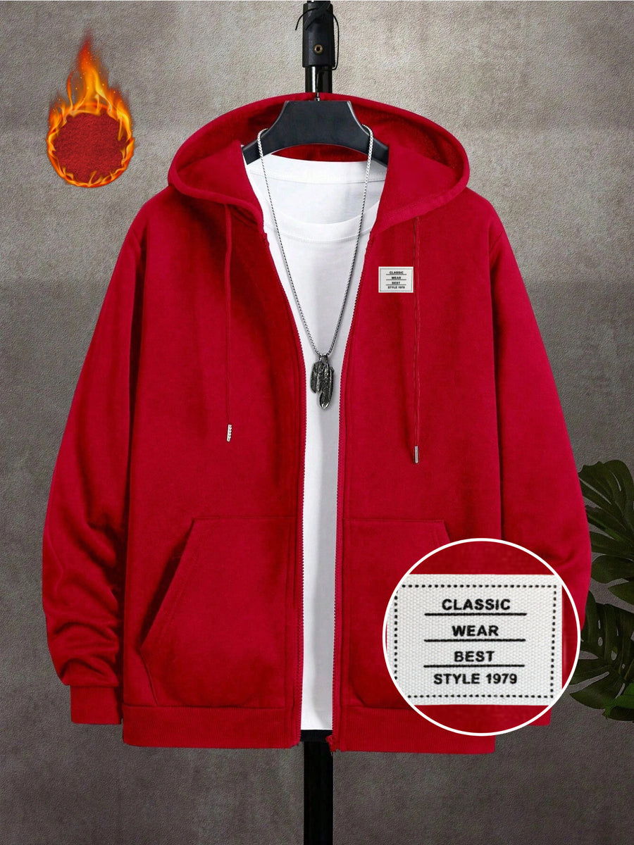 95% Polyester 5% Spandex, Men's Casual Pocket Zipper Drawstring Hooded Sweatshirt, Chest Placement Patch Embroidery, 240g Global All-Season Base Layer, Factory-Made for Men's Comfort, High Quality, High Fit Rate, Casual Sportswear - Red