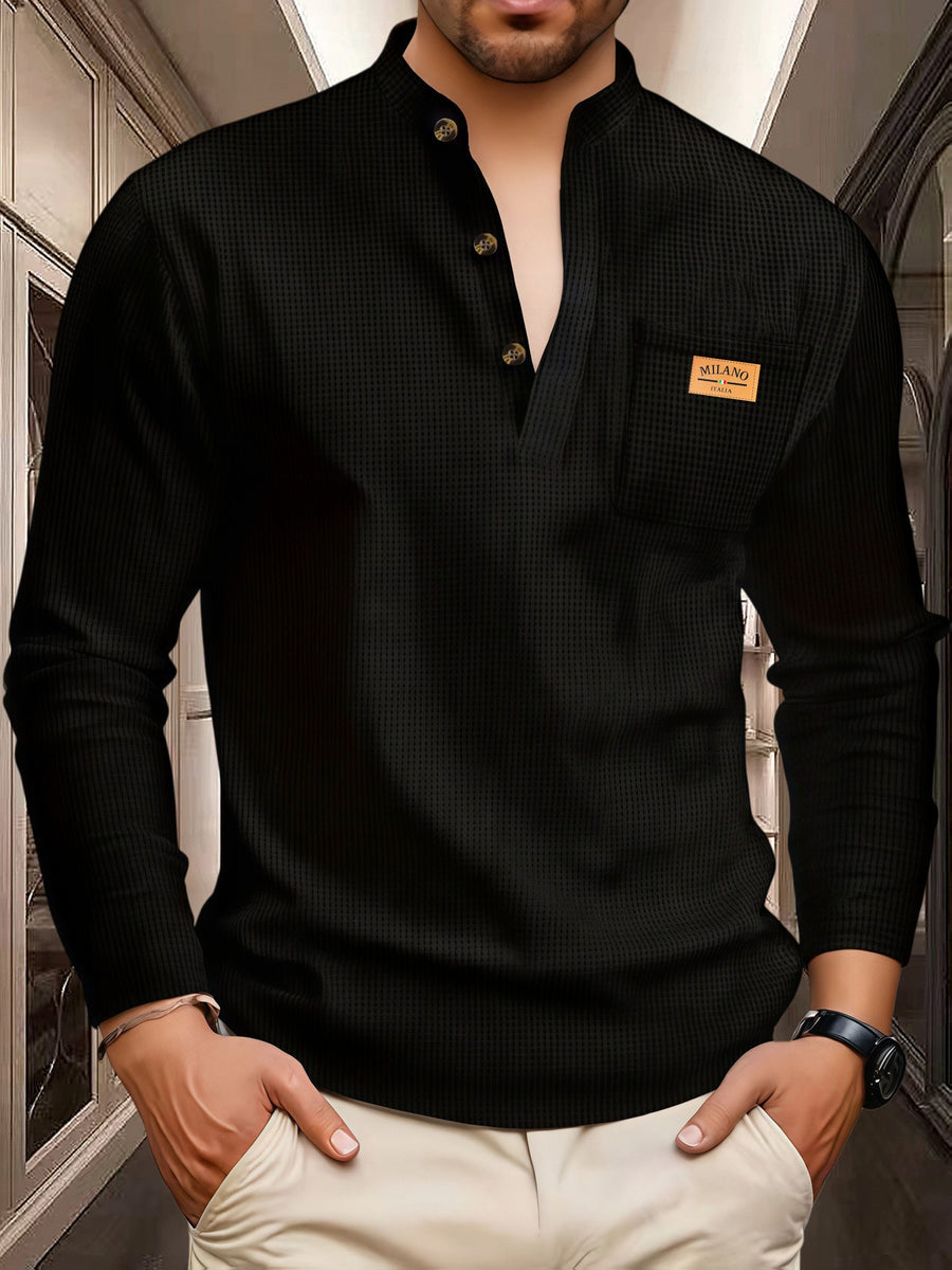 Maqiqi OBM Men's Fashion Waffle Knit Long Sleeve Henley Shirt, Stand Collar Button-Up Top with Chest Pocket and Positioned Printed LOGO, Casual Regular Fit Solid Color Spring/Autumn Daily Top - Black