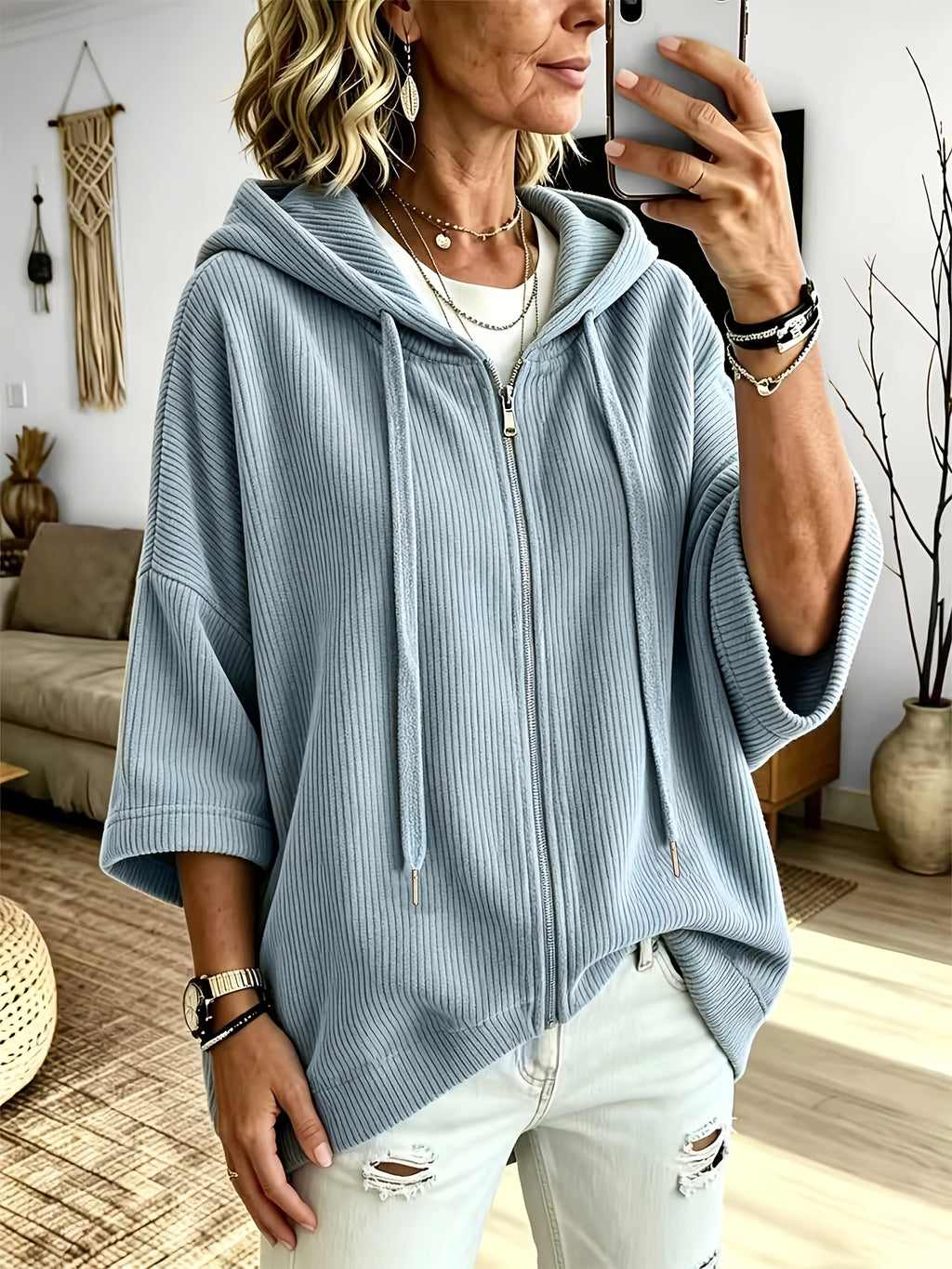 Plus Size, Women's Plus Size Corduroy Casual Drawstring Hooded Sweatshirt Top, Classic Versatile Hooded Top Elegant Women's Jacket, Loose Fit Comfortable Sweatshirt Jacket, Suitable for Commuting and Casual Wear - Light Blue