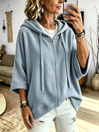 Plus Size, Women's Plus Size Corduroy Casual Drawstring Hooded Sweatshirt Top, Classic Versatile Hooded Top Elegant Women's Jacket, Loose Fit Comfortable Sweatshirt Jacket, Suitable for Commuting and Casual Wear - Light Blue