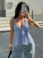 Women'S Vacation Striped Tie-Front Cami, Sexy Off-Shoulder Tank Top - Blue
