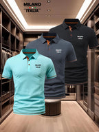 Men'S Mature Lapel 3pcs Short Sleeve Polo Shirt Set, Horizontal Three Stars ITA Pattern Short Length Caramel Brown 3-Button Placket, 3-Color Waffle Knit Fabric, Urban Daily Wear Durable Stretch Casual Top - Sky Blue