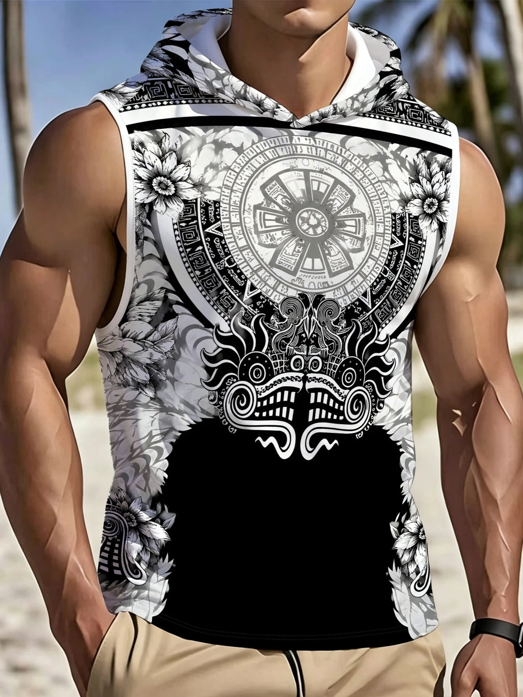 Men'S Sleeveless Hooded Top Black And White Ethnic Style Print Design Trendy And Personalized Suitable for Daily Casual Wear Show Unique Fashion Taste - Mixed colors