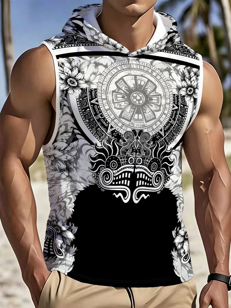Men'S Sleeveless Hooded Top Black And White Ethnic Style Print Design Trendy And Personalized Suitable for Daily Casual Wear Show Unique Fashion Taste - Mixed colors