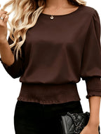 Casual Round Neck Lantern Sleeve Ruffled Women'S Long Sleeve Shirt, Suitable for Spring Summer Fall - Coffee Color