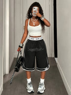 Women'S Fashion Contrast Narrow Waistband High-Waist Letter Pattern Style Elastic Waist Loose Shorts PB-1180 - Black