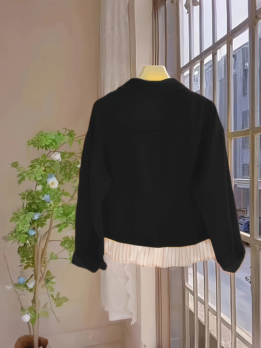 Spring and Autumn Fashion Striped Patchwork Top - Black