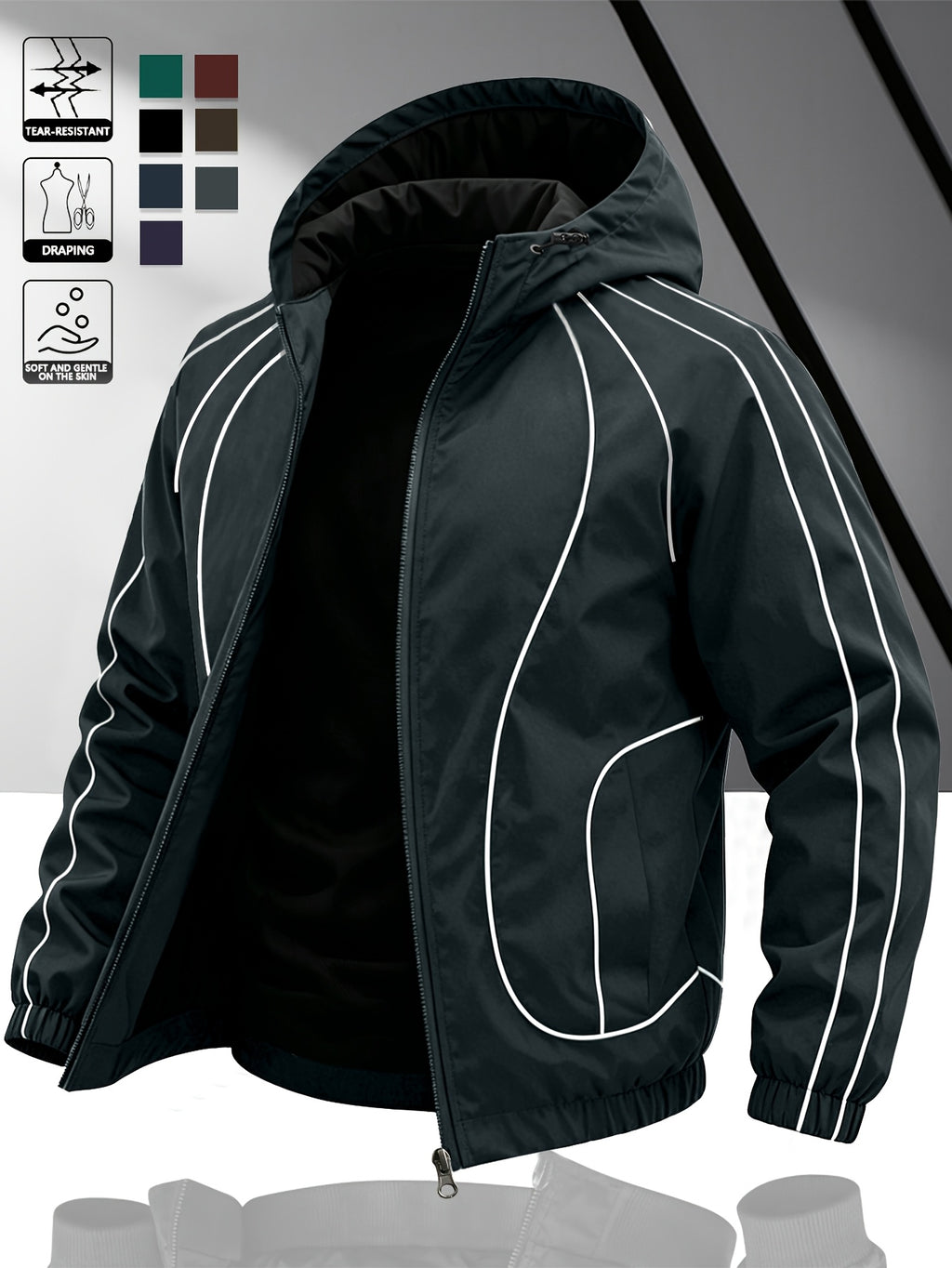 Men's Lightweight Hooded Zip-Up Jacket with White Drawstrings, Thin Style, Suitable for All Seasons, JK5689 - Dark Gray