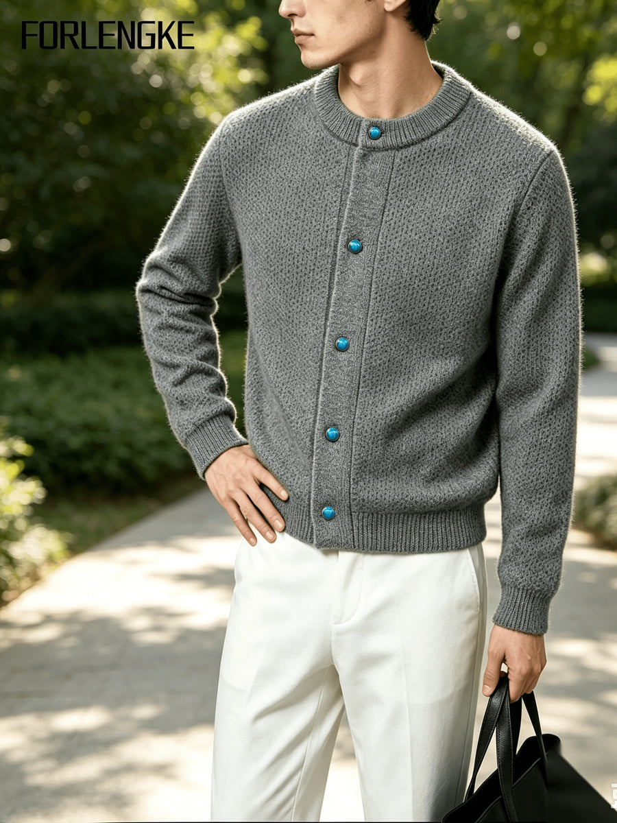 FORLENGKE Men'S Business Casual Crew Neck Button-Up Knit Cardigan, Soft Warm Textured Long Sleeve Sweater Coat for Autumn Winter Office Daily Wear - Grey