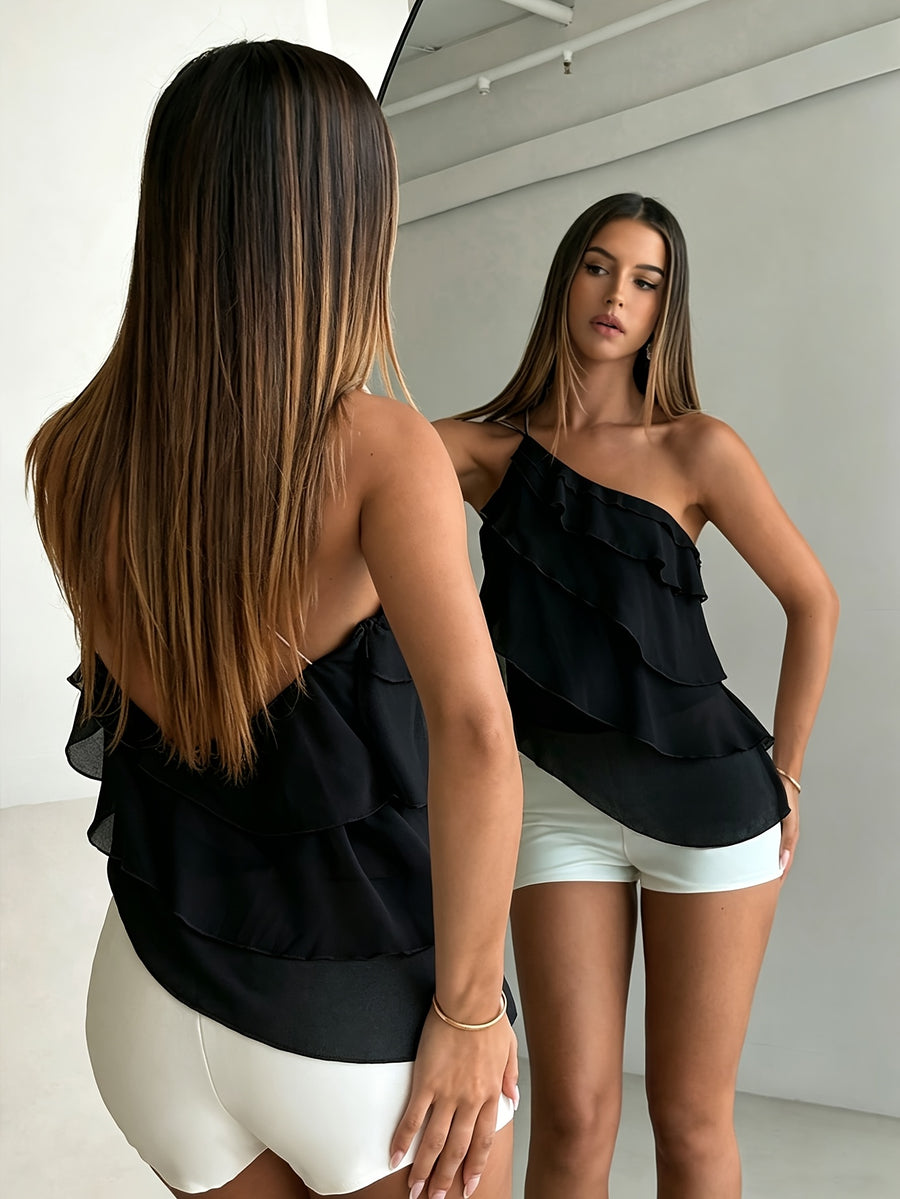 New Women's Spring/Summer Elegant Pink Chiffon One-Shoulder Spaghetti Strap Backless Layered Ruffle Top, Suitable for Weddings, Elegant and Romantic Valentine's Day Wedding Season - Black