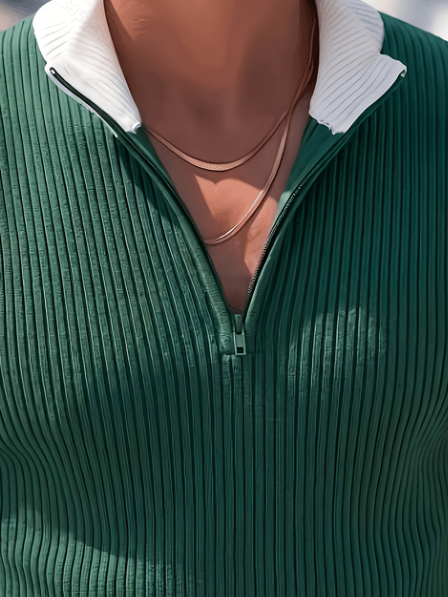 Men'S Sleeveless Knit Top, Sweater, Half-Neck Zip Style, Vertical Striped Knit Fabric, Casual Daily - Dark Green