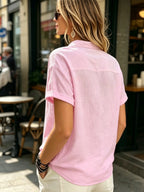 Ladies' Casual Solid Color Short Sleeve Shirt, Versatile Commuting Style Top, Loose And Comfortable, Lightweight And Breathable - Pink