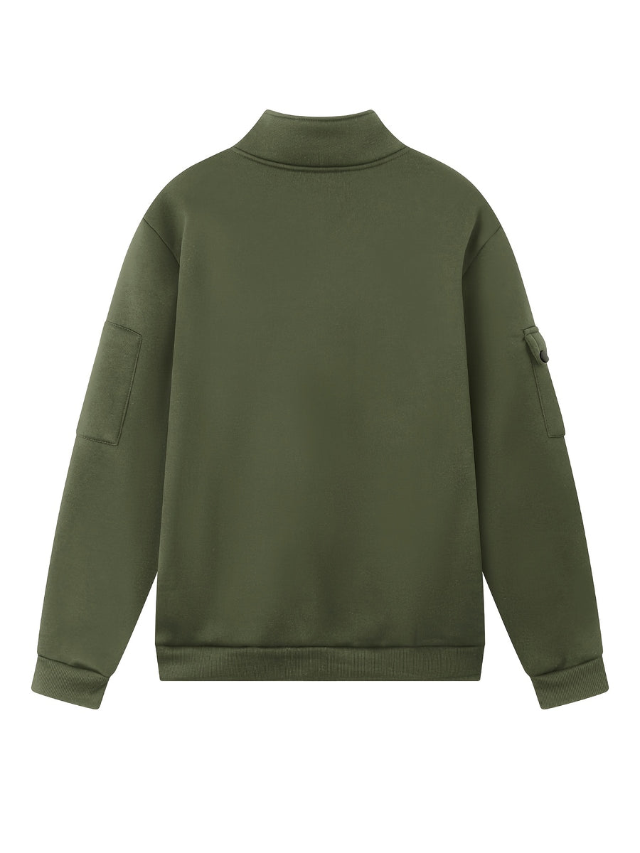 2026 Autumn/Winter New Men's Stand Collar Half-Zip Sweatshirt, Distressed Print, Workwear Style Multi-Pocket Design, Wear-Resistant and Wrinkle-Resistant Fabric, Sleek Cut Without Bulk, Combining Workwear Practicality with Casual Attire Adaptability - Army Green 1