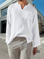 long-sleeved shirt Men's solid color V-neck casual shirt Men's gentle beach Hawaiian pullover breathable comfortable shirt - White