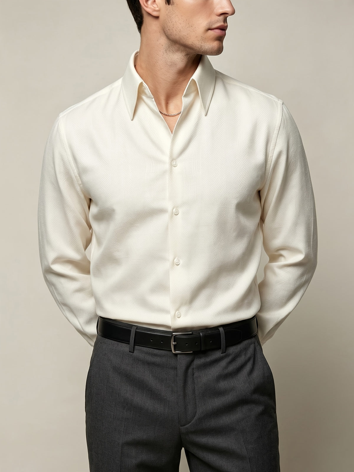 European and American Style Men's Long-Sleeve Shirt, High-End Feel, Casual Business, Wrinkle-Resistant, Single-Spread Collar Top, -Linen Texture, Formal Dress Shirt - Ivory White