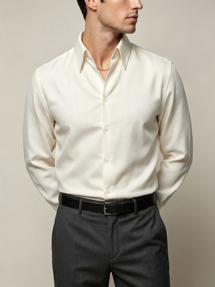 European and American Style Men's Long-Sleeve Shirt, High-End Feel, Casual Business, Wrinkle-Resistant, Single-Spread Collar Top, -Linen Texture, Formal Dress Shirt - Ivory White
