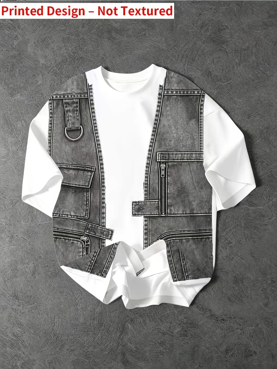 Men'S New American Hip-Hop Street Imitation Denim Workwear Vest Pattern Printed T-Shirt Suitable for Gyms, Outdoor Sports, Traveling, And Daily Travel, And an Ideal Gift for Boyfriends And Family - Mixed colors