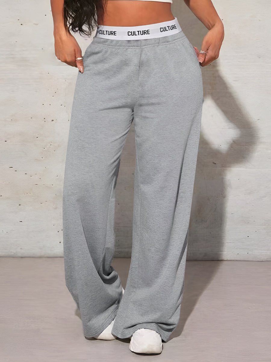 Women's Wide- Winter Pants with High Waist - Solid Color Full-Length Floor-Sweeping Trousers, Loose Fit Casual Winter Wear, Pockets & Machine Washable (for Weather Outfits) - K6 Style - Grey