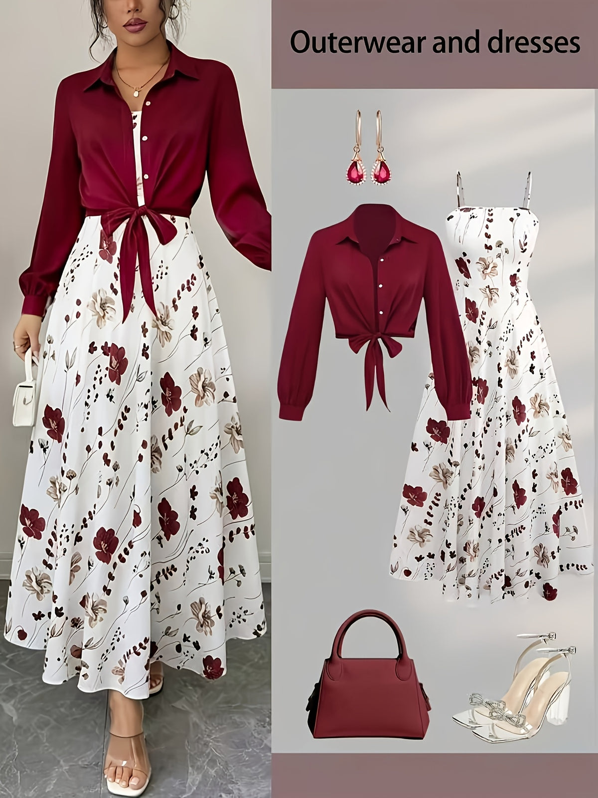 Women Wine Red Tie Front Cropped Collar Shirt + White Base Wine Floral Print Slip Flared Midi Skirt 2pcs Set, Retro Soft Outfit - Burgundy