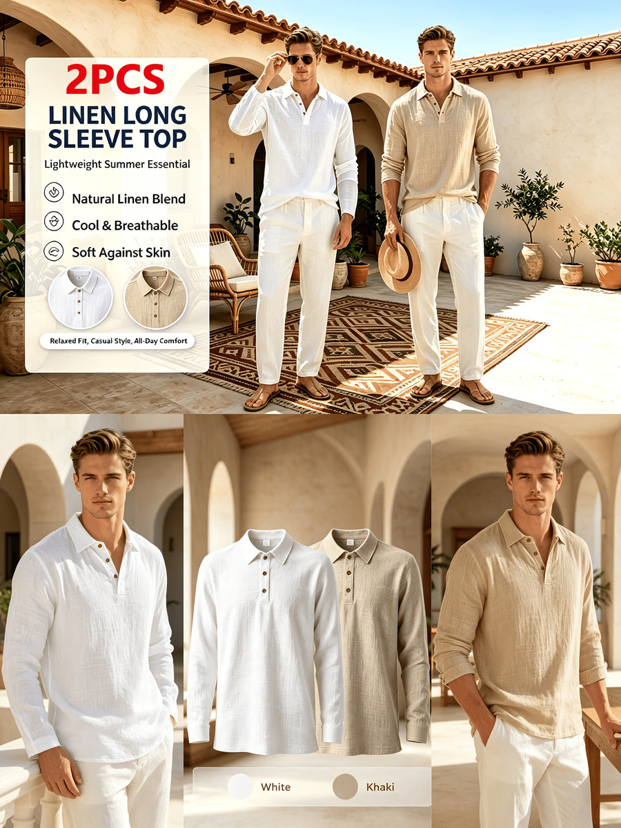 2pcs Autumn Linen Men's Long-Sleeve Polo Shirt, American-Style Loose Fit, Lightly Mature Style, Heavyweight T-Shirt for Daily Commuting, Spring, Autumn, and All Seasons - White+Khaki