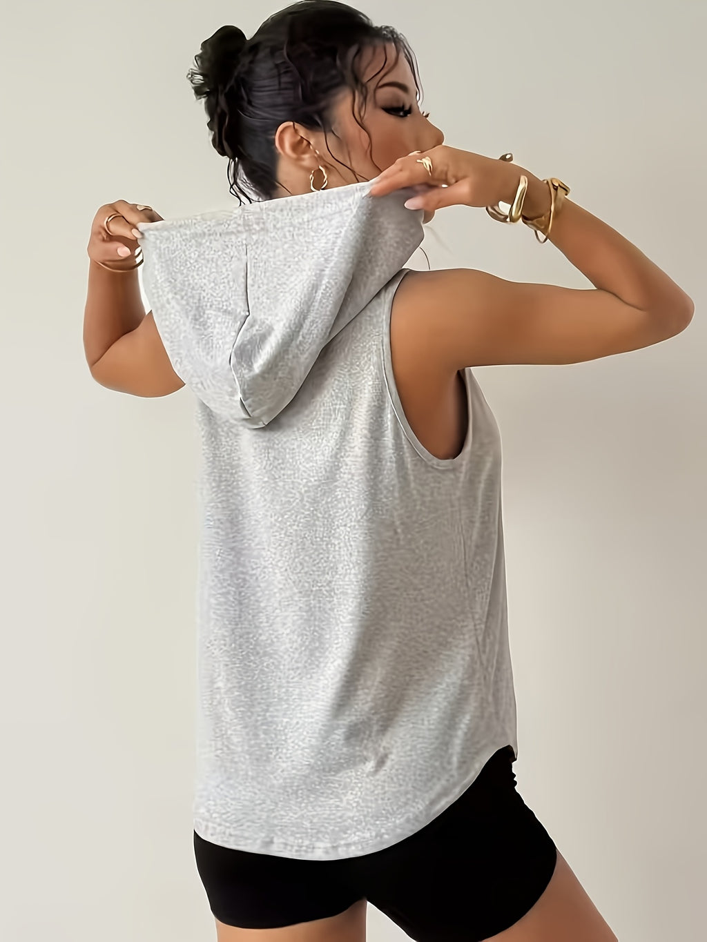 Heather Gray Sleeveless Hooded Tank Top with 'GYM WORK' Stripes - Casual Athletic Gym Wear - Light Grey