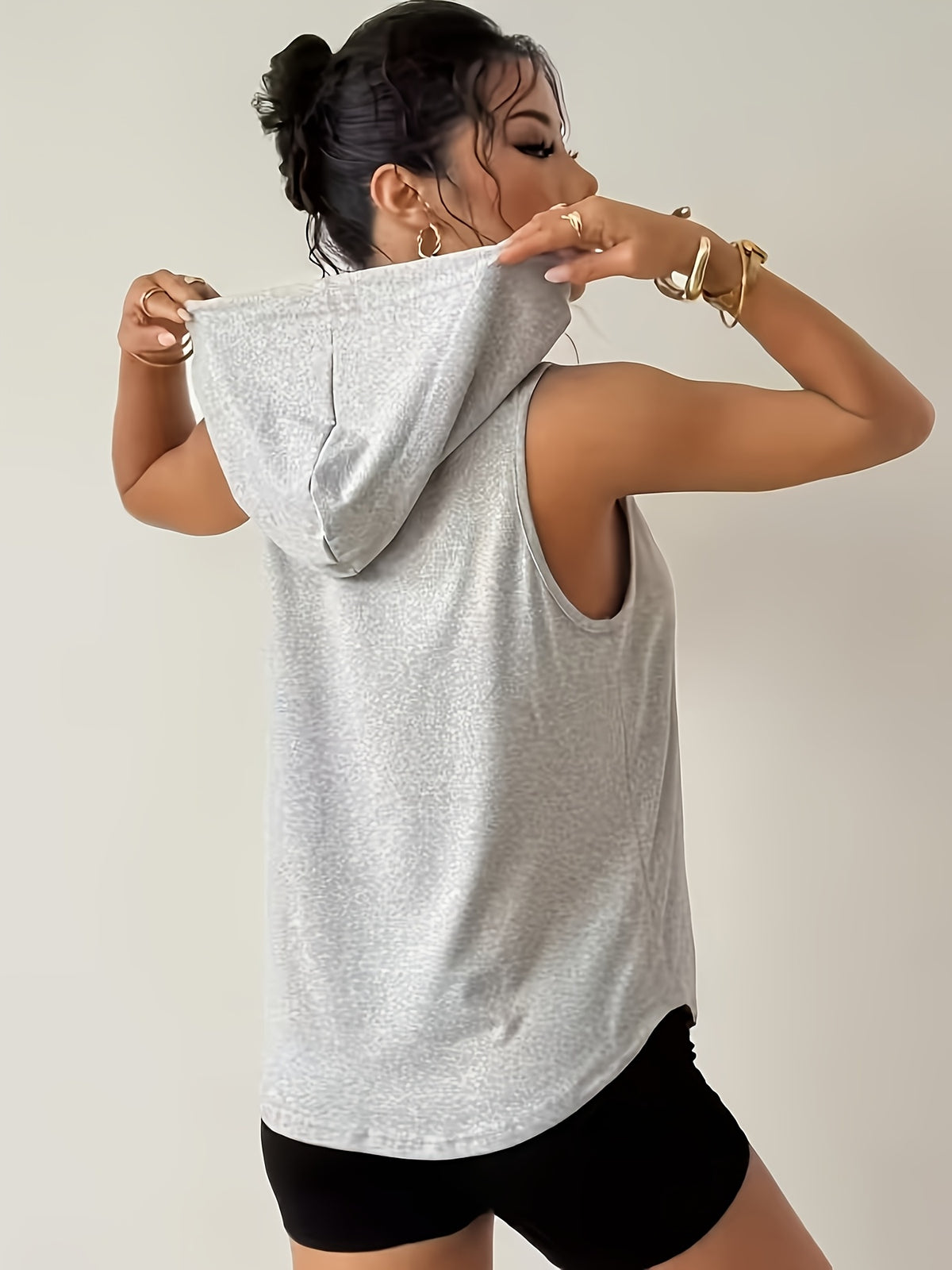 Heather Gray Sleeveless Hooded Tank Top with 'GYM WORK' Stripes - Casual Athletic Gym Wear - Light Grey