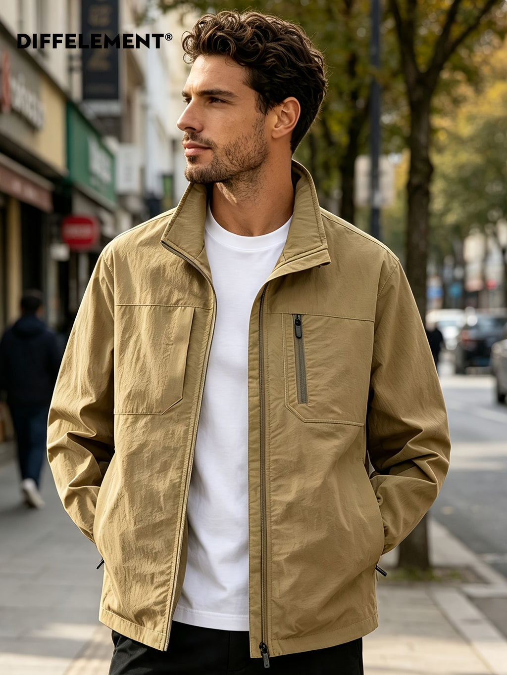 DIFFELEMENT Men'S Stand-Collar Tech Cargo Jacket, Lightweight Breathable Woven Fabric Windproof High Collar Full Zipper Front with Large Pockets And Dual Storage Design, Regular Fit for City Commute, Outdoor Hiking, Daily Layering, Casual Scenarios - Khaki
