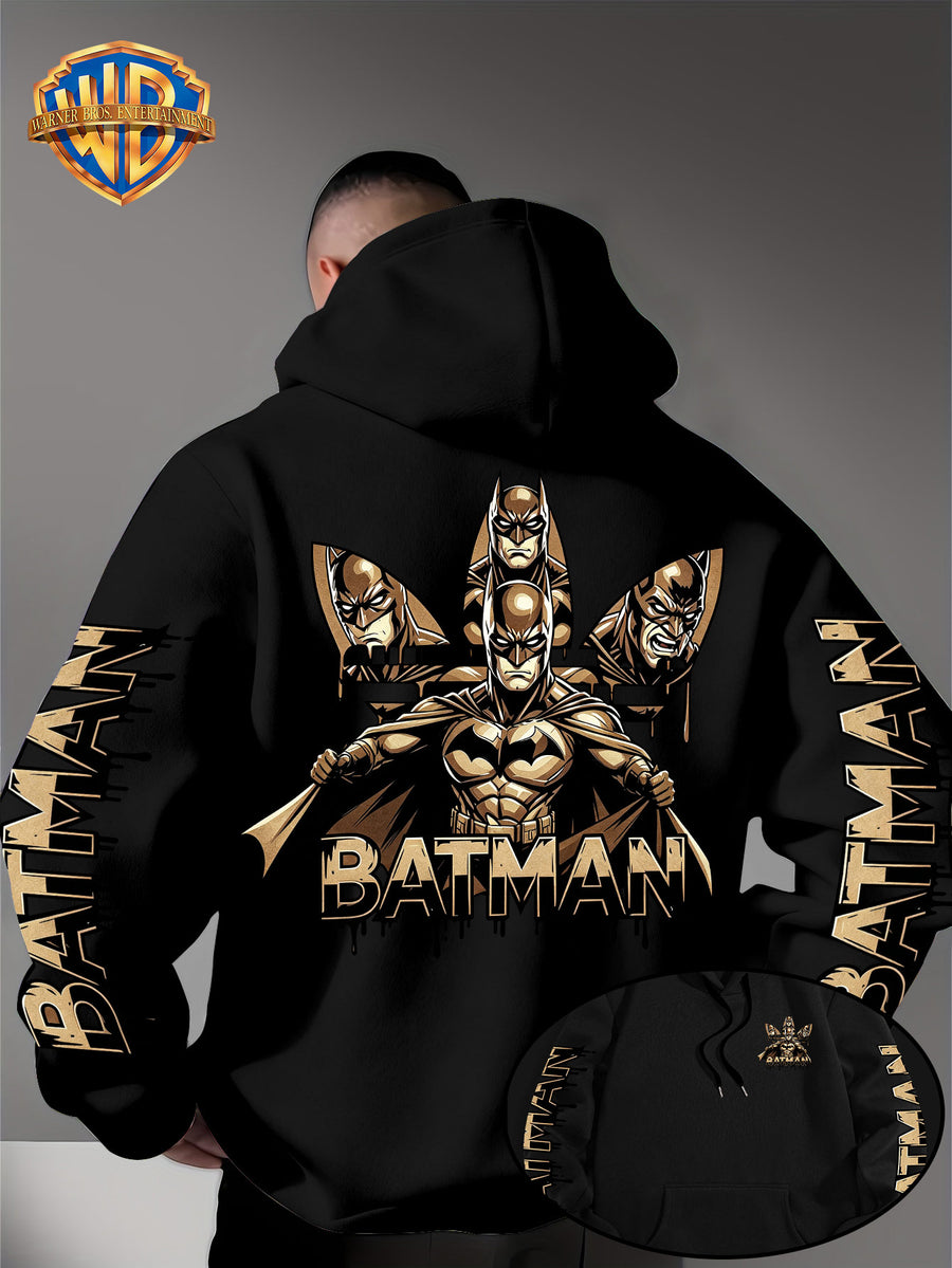 Warner Bros. Official Men's Hooded Sweatshirt - 1pc, Batman BATMAN Vintage Black and Golden Drip Lettering Creative Print, Trendy and Cool DC Superhero IP Graphic Hoodie, Skin-Friendly, Comfortable, and Warm Fabric, Kangaroo Pocket with Ribbed Cuffs - Black