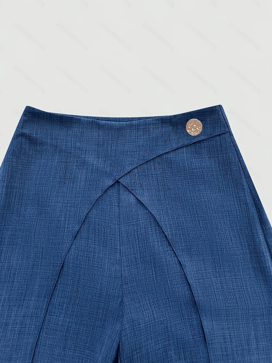 [Printed Pants - Not Faux Denim Fabric]Ladies Can Elegantly Wear Wide-Leg Pants for Commuting And Daily, Featuring a Popular Faux Denim Fabric in a Western Style. The Overlapping Two-In-One Design Includes an Exaggerated Metal Buckle at The Waist An - Blue