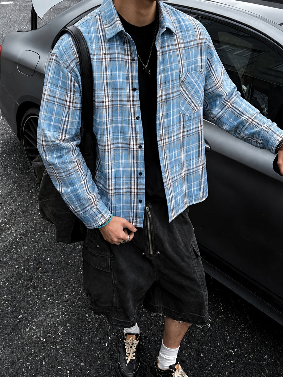 Men'S Vintage Plaid Long Sleeve Shirt, Loose Casual Button-Up Jacket Style Overshirt, Japanese Trendy Brand Lapel Checkered Shirt, Suitable for Outdoor Daily Wear in Spring, Autumn, And Winter - Sky Blue