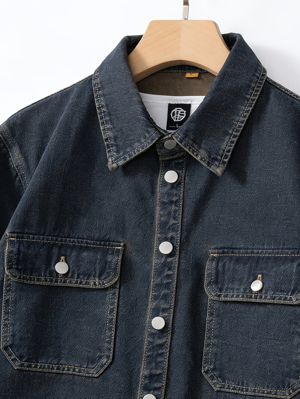 Spring/Autumn Men's Loose-Fit Streetwear Style Cool and Handsome Long-Sleeve Denim Shirt with American-Style Jacket Outer, 2pcs Set - Nostalgia + Black-Gray